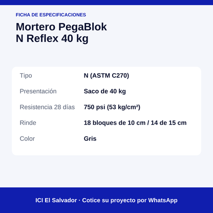 Mortero de pega PegaBlok N 40 kg — tarjeta de especificaciones