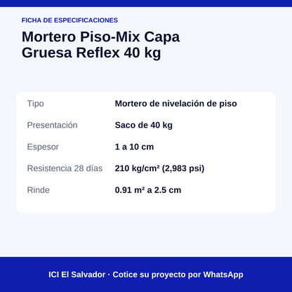 Mortero Piso-Mix Capa Gruesa 40 kg — tarjeta de especificaciones
