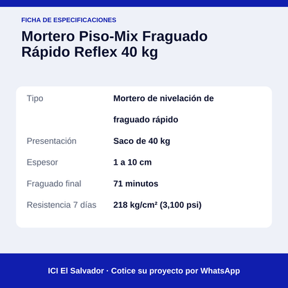 Mortero Piso-Mix Fraguado Rápido Reflex 40 kg — tarjeta de especificaciones