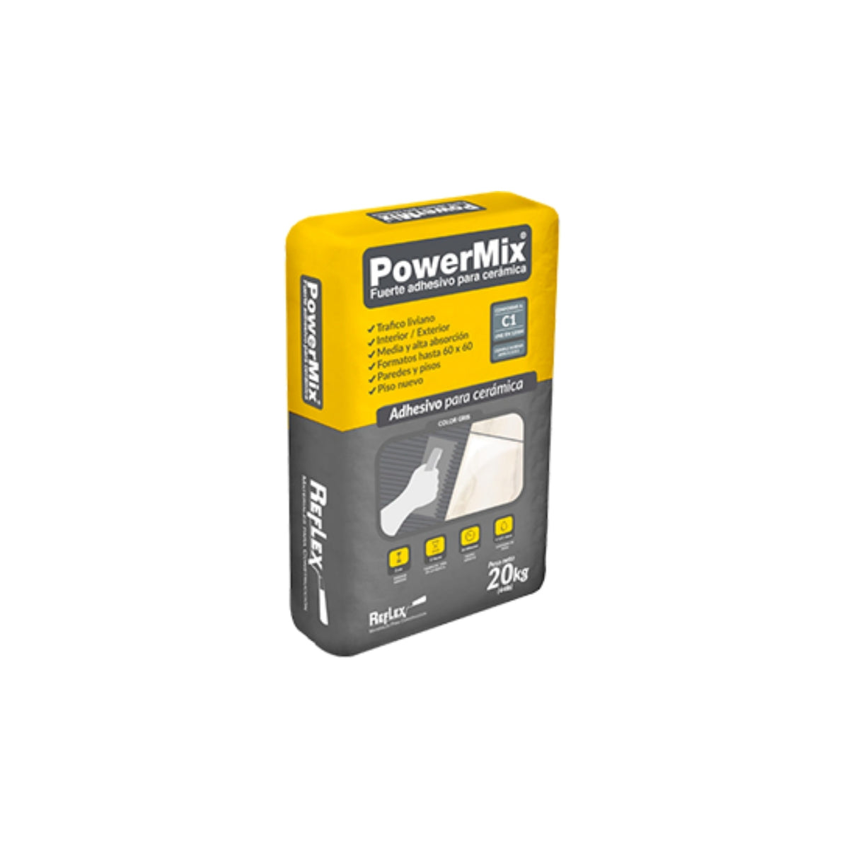 Pegamento para cerámica PowerMix 40 kg — saco sobre fondo blanco