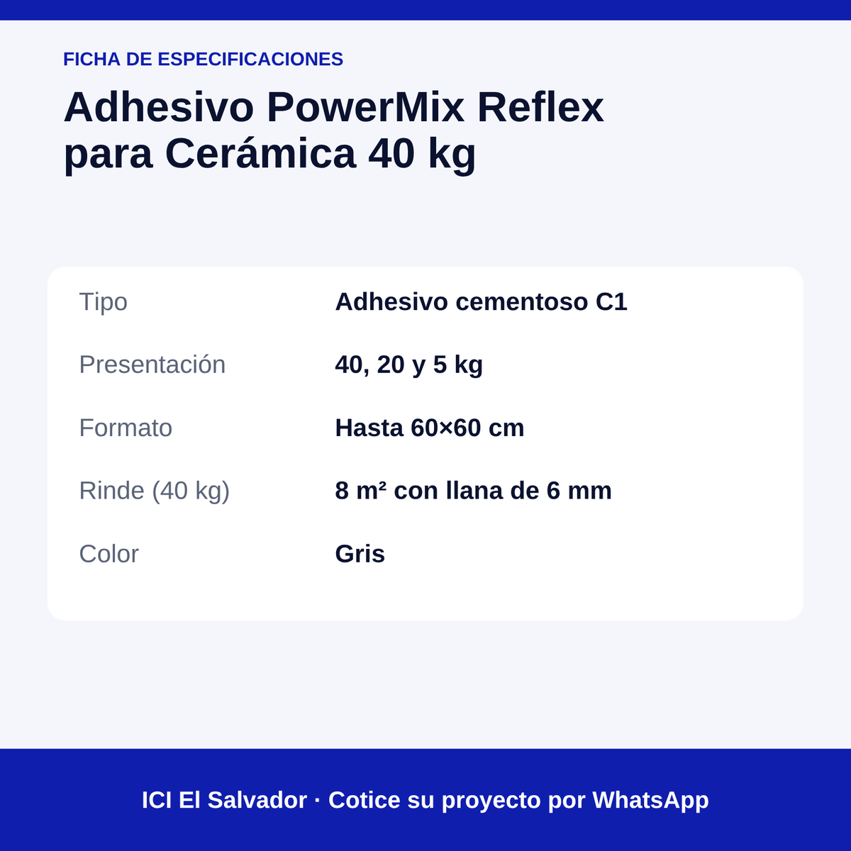 Pegamento para cerámica PowerMix 40 kg — tarjeta de especificaciones