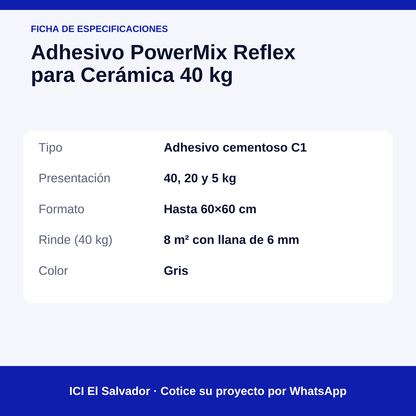 Pegamento para cerámica PowerMix 40 kg — tarjeta de especificaciones