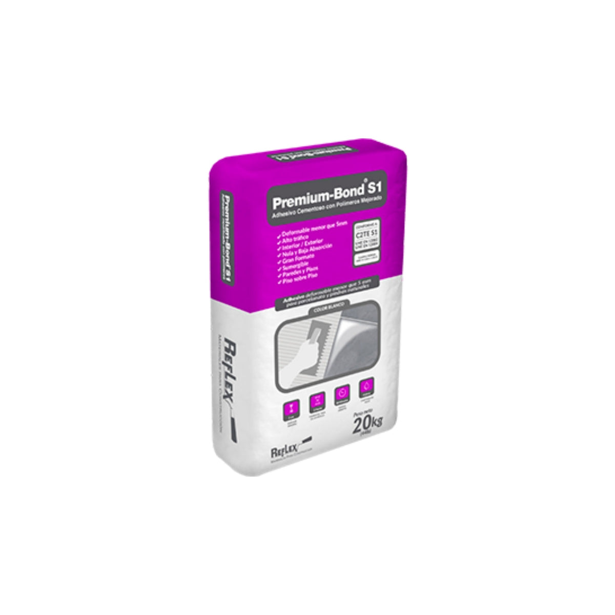Adhesivo deformable Premium-Bond S1 20 kg — saco sobre fondo blanco