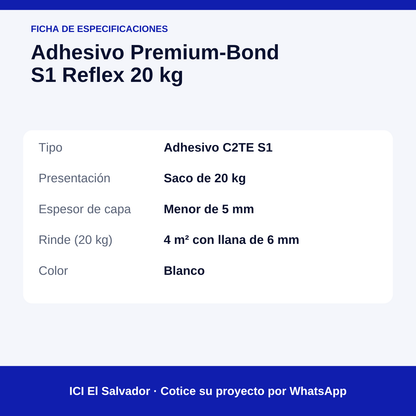 Adhesivo deformable Premium-Bond S1 20 kg — tarjeta de especificaciones