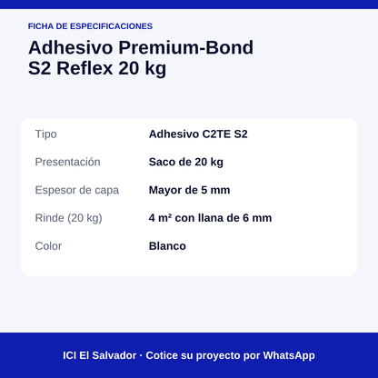Adhesivo deformable Premium-Bond S2 20 kg — tarjeta de especificaciones