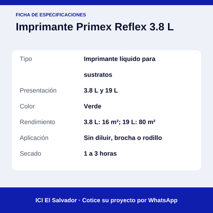 Imprimante Primex Reflex 3.8 L — tarjeta de especificaciones