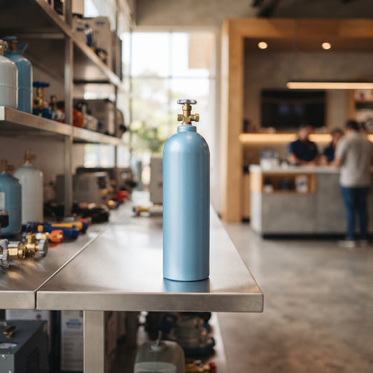 Cilindro desechable de gas R134A en un showroom de climatización