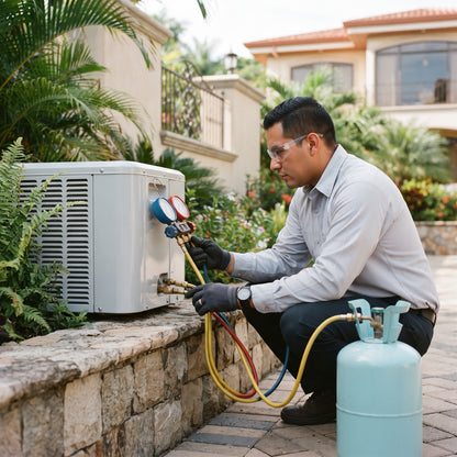 Trabajo típico: técnico cargando refrigerante R134A con manómetros