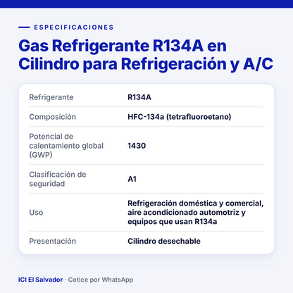 Ficha de especificaciones: gas refrigerante R134A