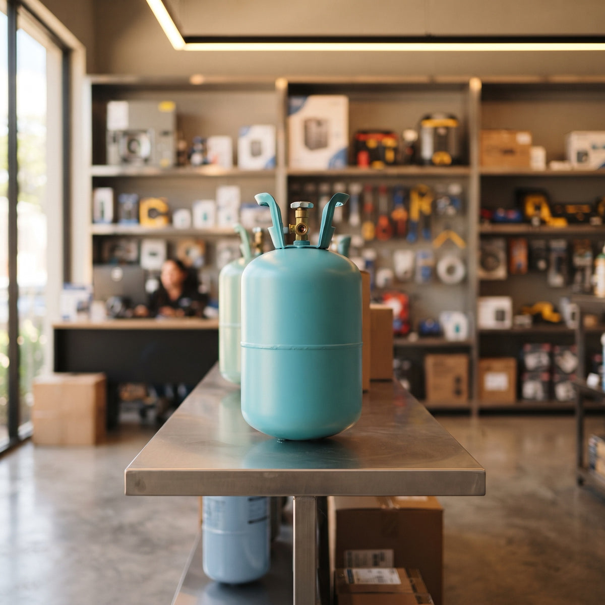 Cilindro desechable de gas R32 en un showroom de climatización