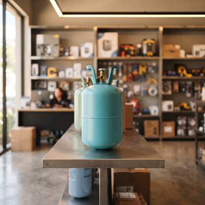 Cilindro desechable de gas R32 en un showroom de climatización