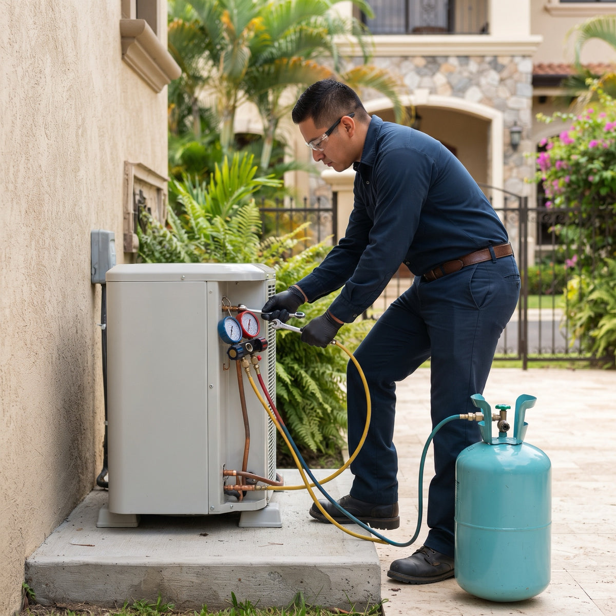 Trabajo típico: técnico cargando refrigerante R32 con manómetros