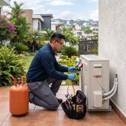 Trabajo típico: técnico cargando refrigerante R404A con manómetros