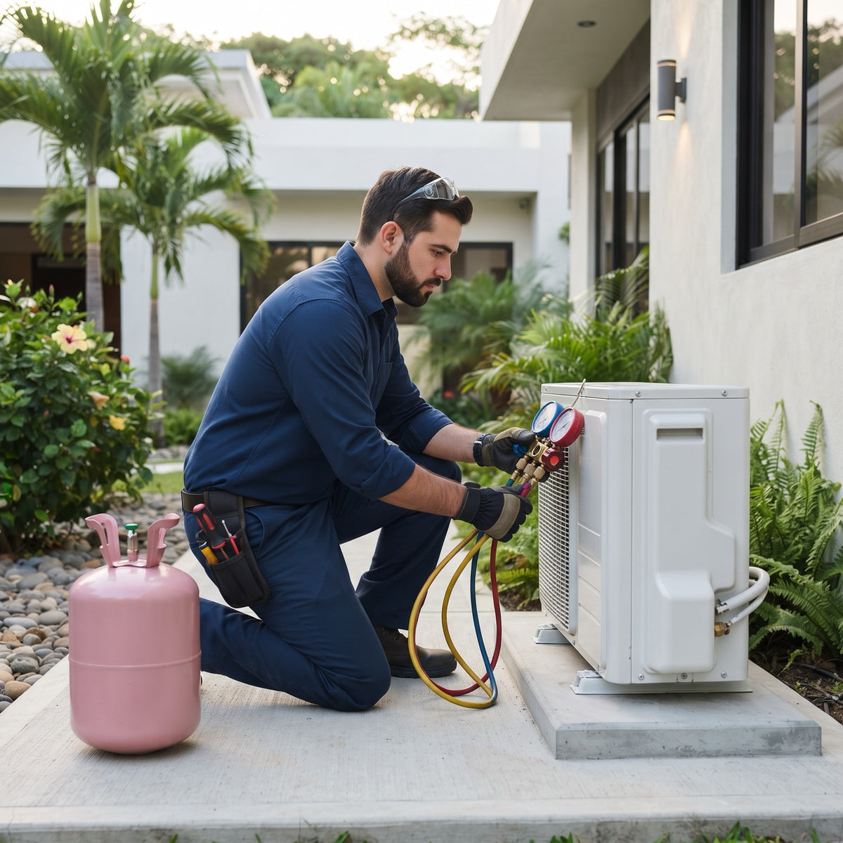 Trabajo típico: técnico cargando refrigerante R410A con manómetros