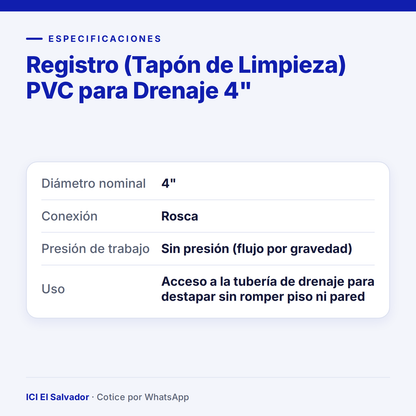 Registro (tapón de limpieza) PVC 4" para drenaje — tarjeta de especificaciones