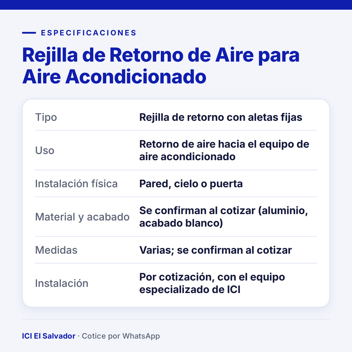 Ficha de especificaciones: rejilla de retorno