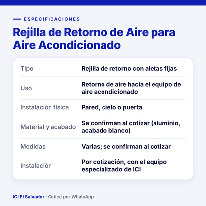 Ficha de especificaciones: rejilla de retorno