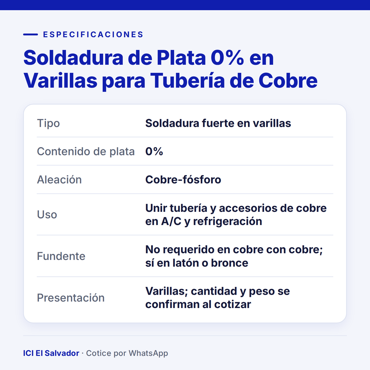 Ficha de especificaciones: soldadura de plata 0%