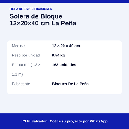 Solera de bloque 12x20x40 cm — tarjeta con medidas, peso y unidades por tarima