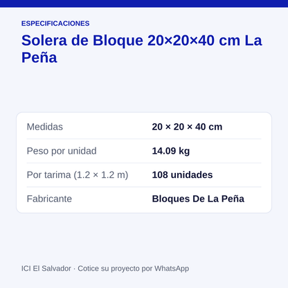 Solera de bloque 20x20x40 cm — tarjeta con medidas, peso y unidades por tarima