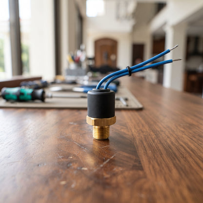 Detalle de un presostato con cables y conexión de latón