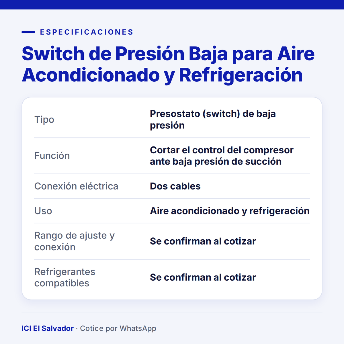 Ficha de especificaciones: switch de presión baja