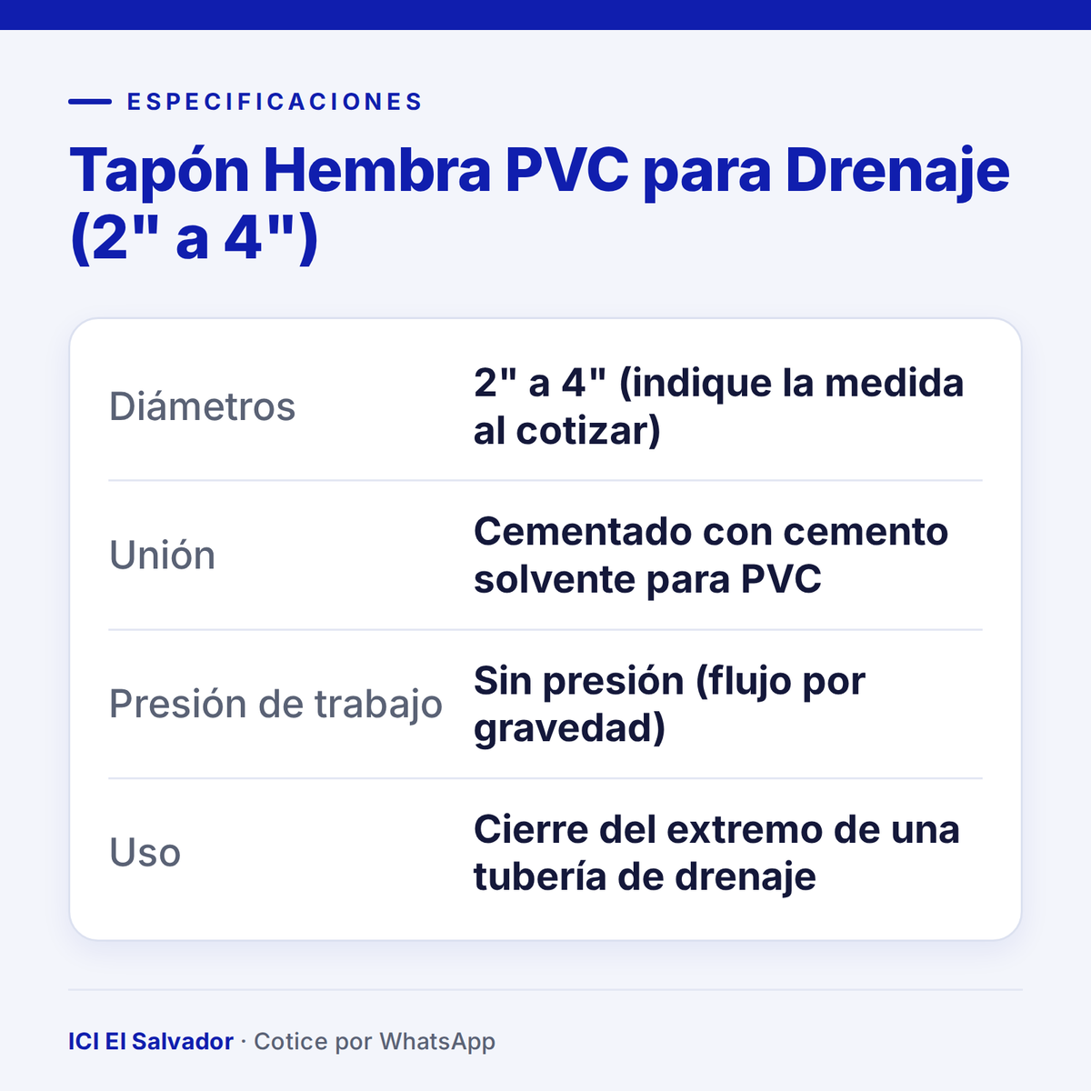 Tapón hembra PVC para drenaje — tarjeta de especificaciones