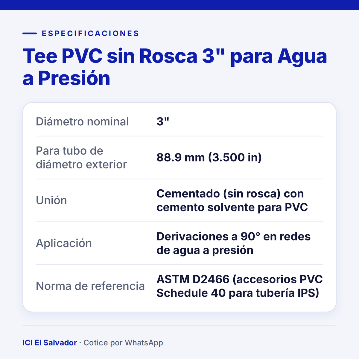 Tee PVC 3" sin rosca — tarjeta de especificaciones