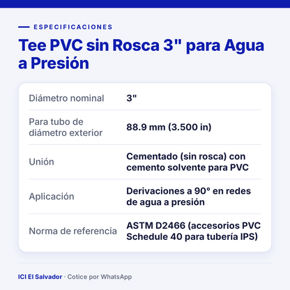 Tee PVC 3" sin rosca — tarjeta de especificaciones