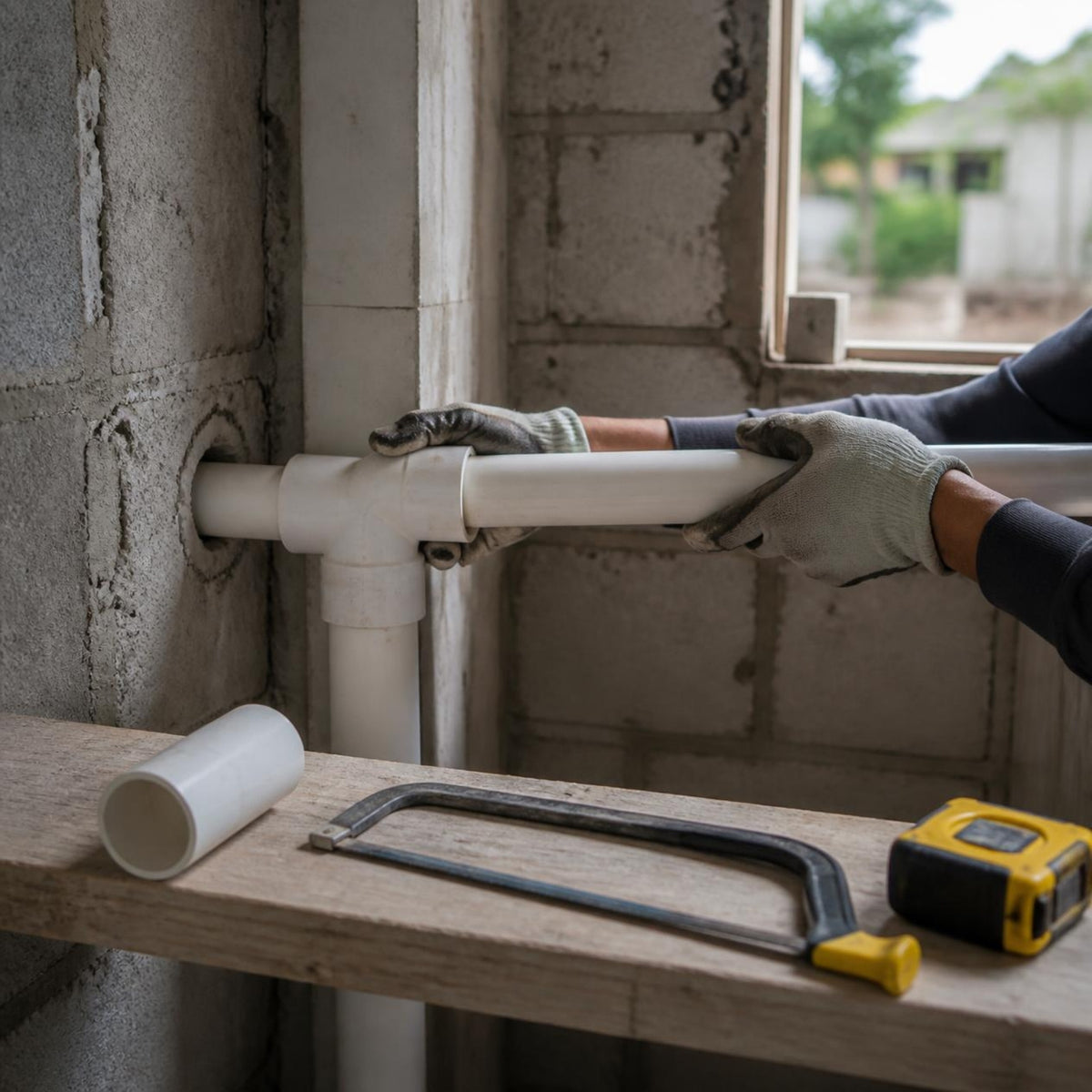 Tee PVC 4" sin rosca — unión con tubería PVC en la instalación de agua de un baño