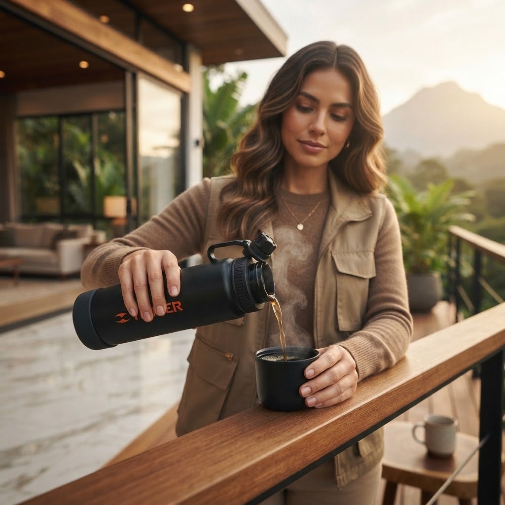 Imagen ilustrativa de uso: una mujer sirve café caliente de su termo de acero inoxidable en la terraza de un lodge de montaña