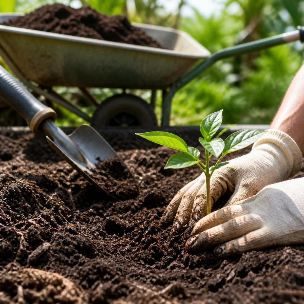 Aplicación típica de tierra negra al sembrar una planta en el jardín