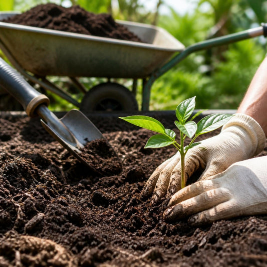 Aplicación típica de tierra negra al sembrar una planta en el jardín