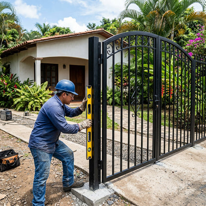 Herrero con casco y guantes nivelando portón de tubo cuadrado en vivienda, imagen referencial