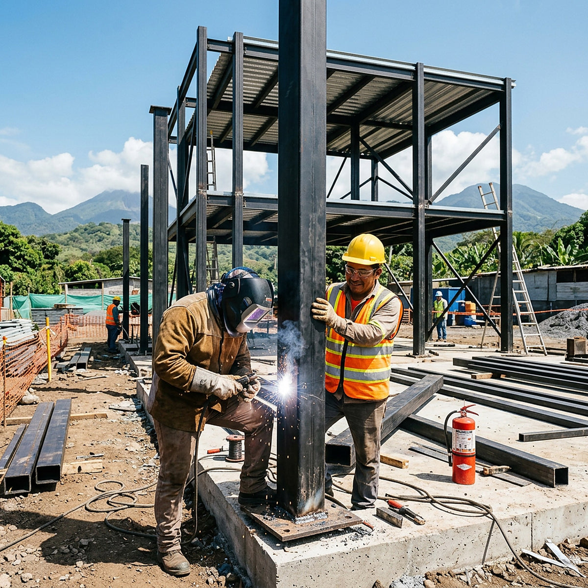 Soldador y ayudante con EPP montando columna de tubo estructural cuadrado, imagen referencial