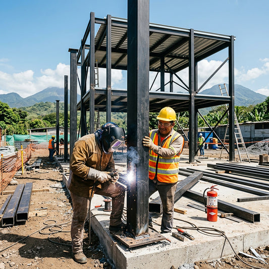 Soldador y ayudante con EPP montando columna de tubo estructural cuadrado, imagen referencial