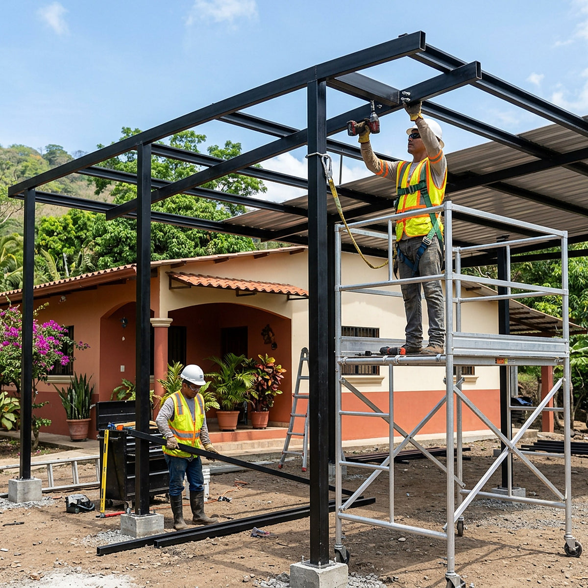 Obreros con arnés y casco armando cochera con tubo estructural rectangular, imagen referencial