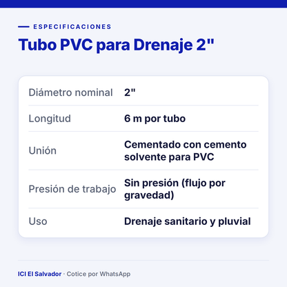 Tubo PVC para drenaje 2" — tarjeta de especificaciones