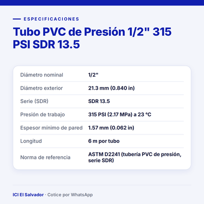 Tubo PVC de presión 1/2" 315 PSI SDR 13.5 — tarjeta de especificaciones