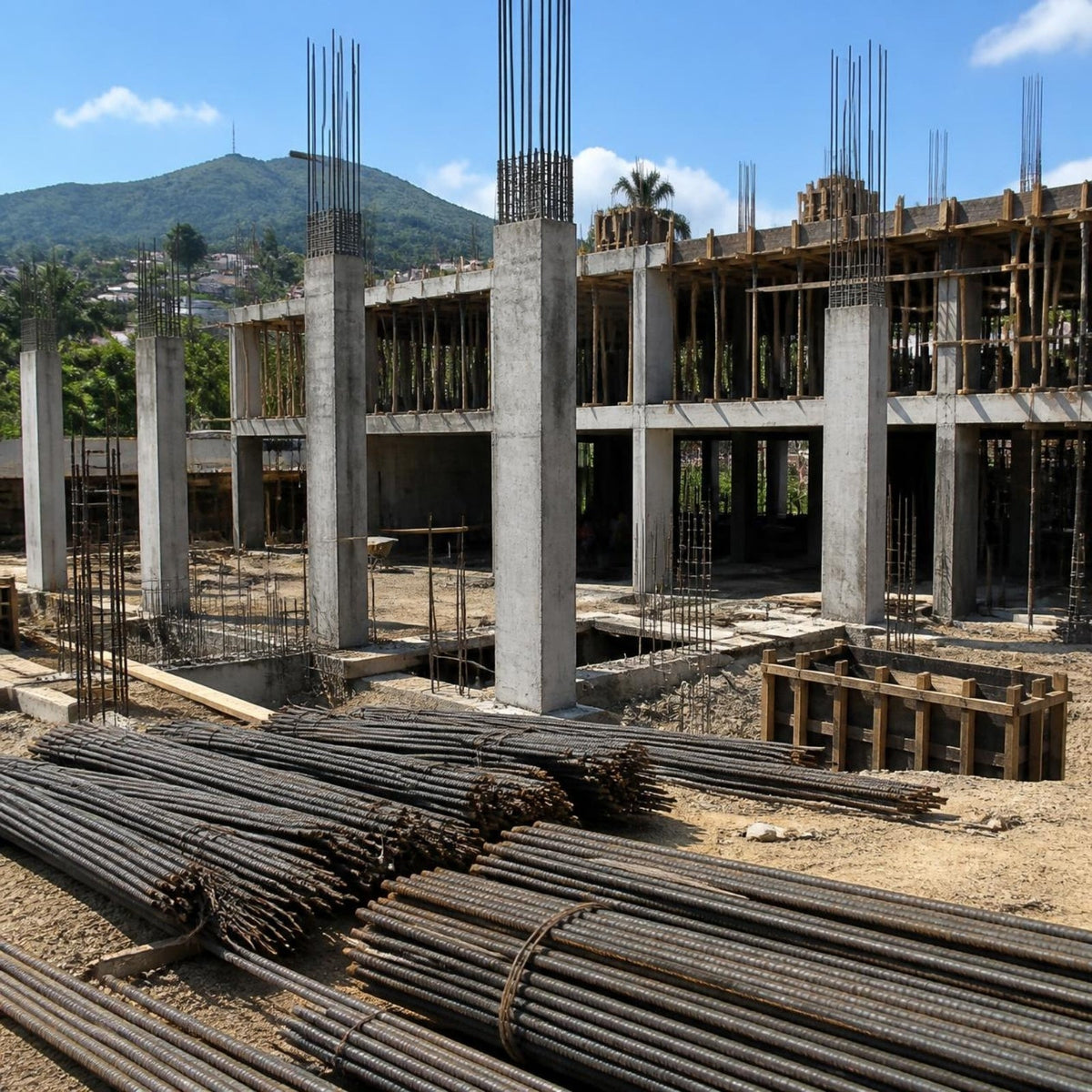 Varilla corrugada de 1/2" grado 60 — obra típica en El Salvador: estructura de concreto reforzado con varillas de acero corrugado