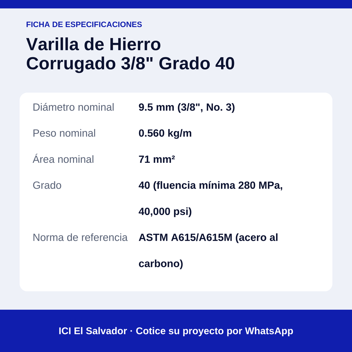 Tarjeta de especificaciones de la varilla corrugada de 3/8" grado 40