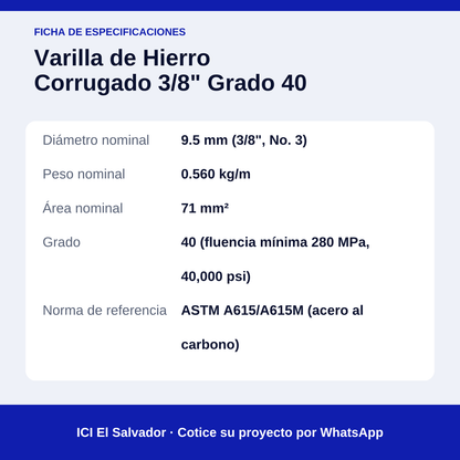Tarjeta de especificaciones de la varilla corrugada de 3/8" grado 40