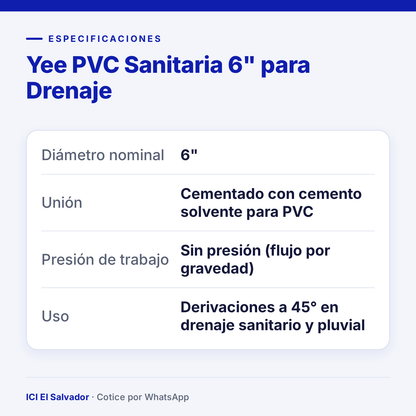 Yee PVC sanitaria 6" para drenaje — tarjeta de especificaciones
