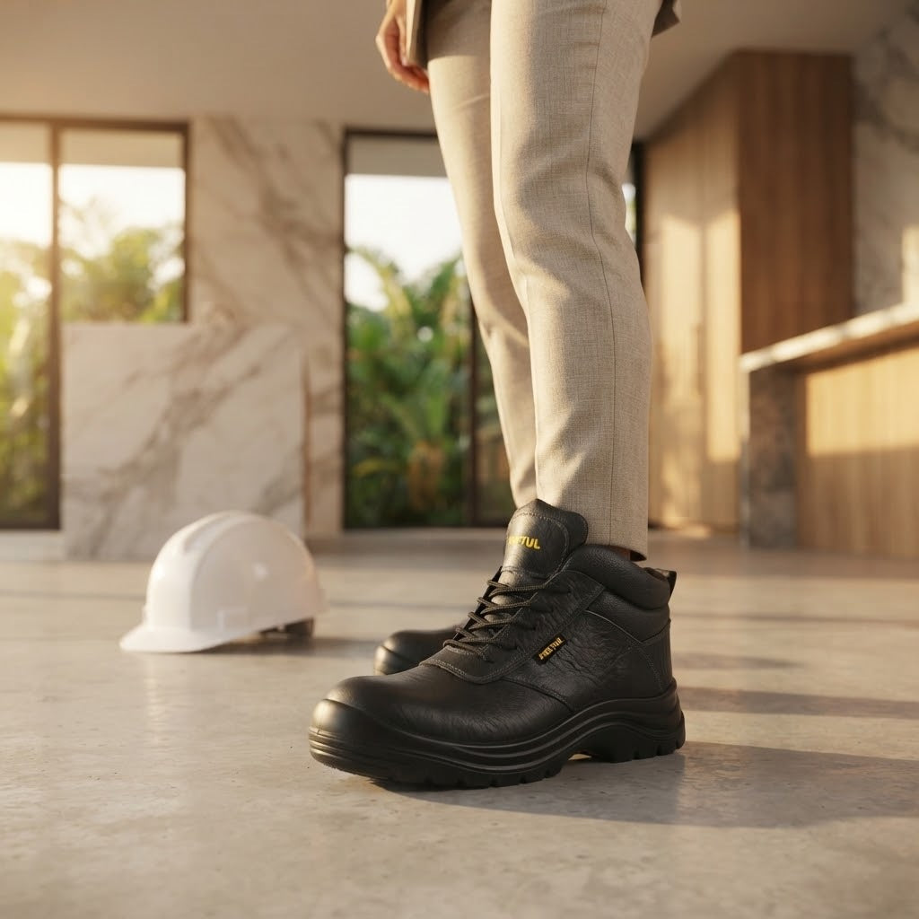 Imagen ilustrativa de uso: una arquitecta con zapatos industriales negros sobre la losa de una obra residencial